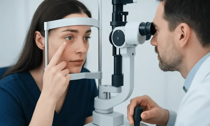 Optometrist examining patient's eye with slit lamp in clinic.