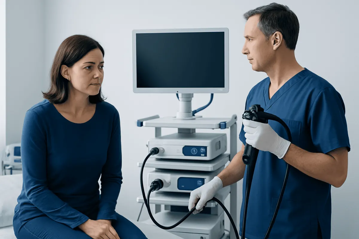 Gastroenterologist explaining procedure to patient in clinic.