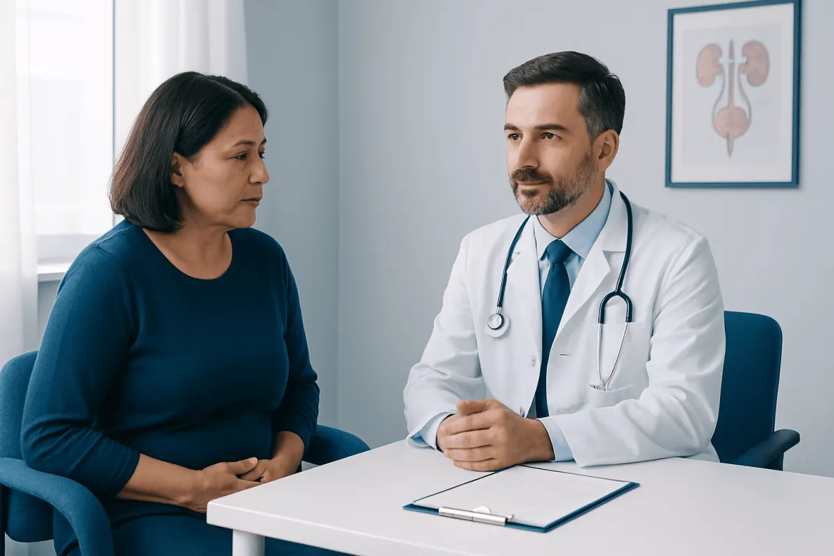 Doctor consulting a patient about urinary health in a medical office.