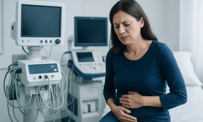 Woman experiencing stomach pain in a medical examination room.