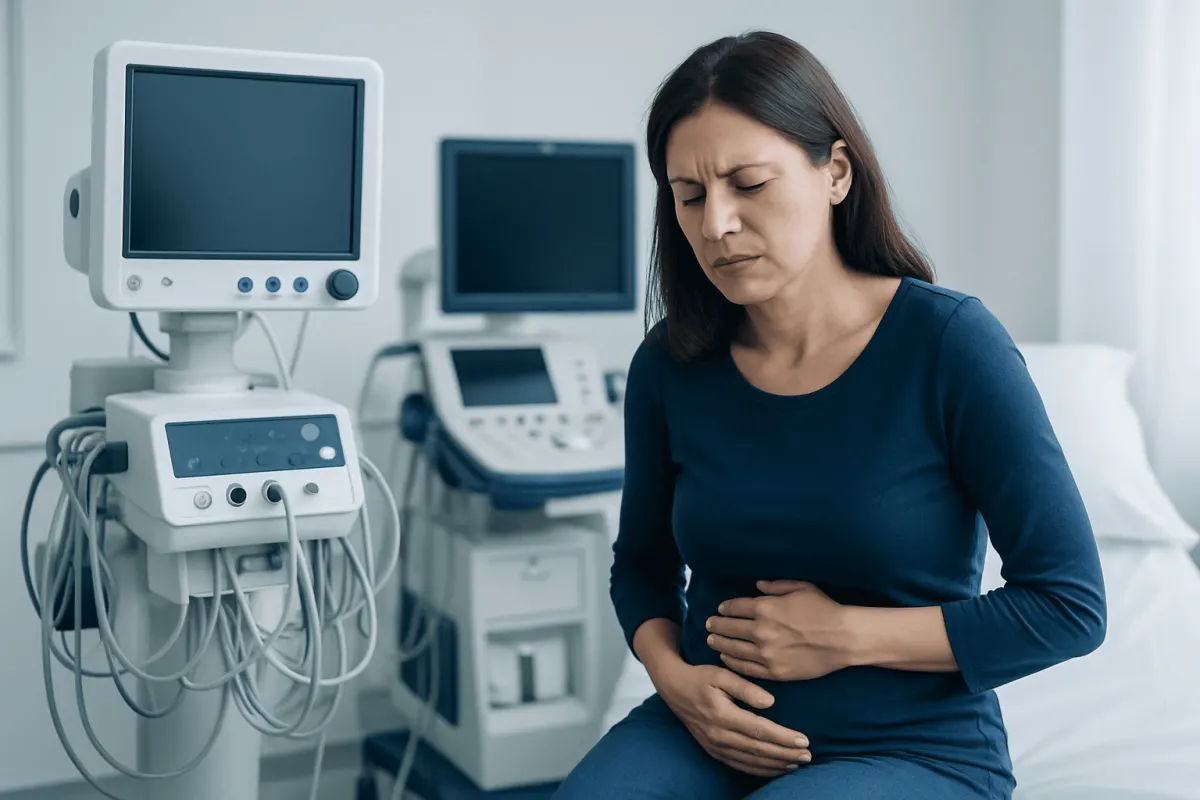 Woman experiencing stomach pain in a medical examination room.