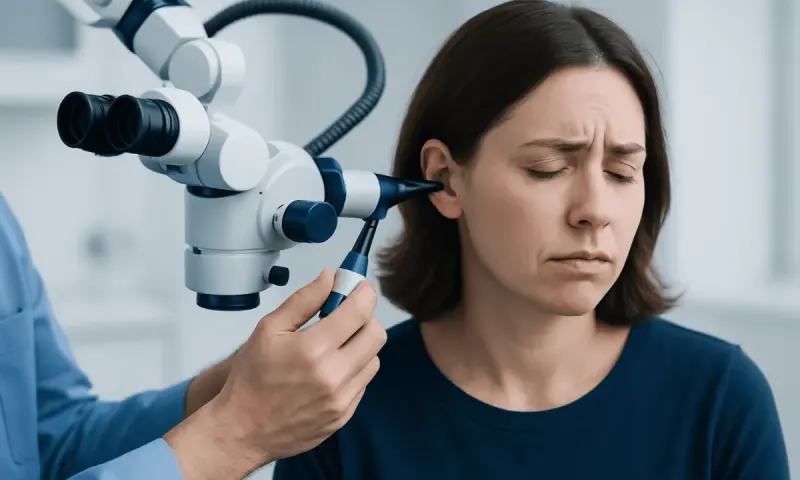 Doctor examines patient's ear with specialized medical equipment for ear pain.