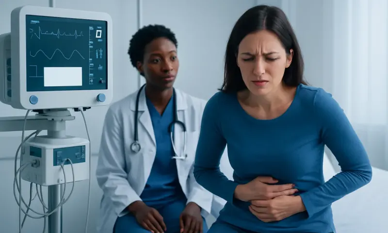 Woman experiencing stomach pain in a hospital setting with a doctor nearby.