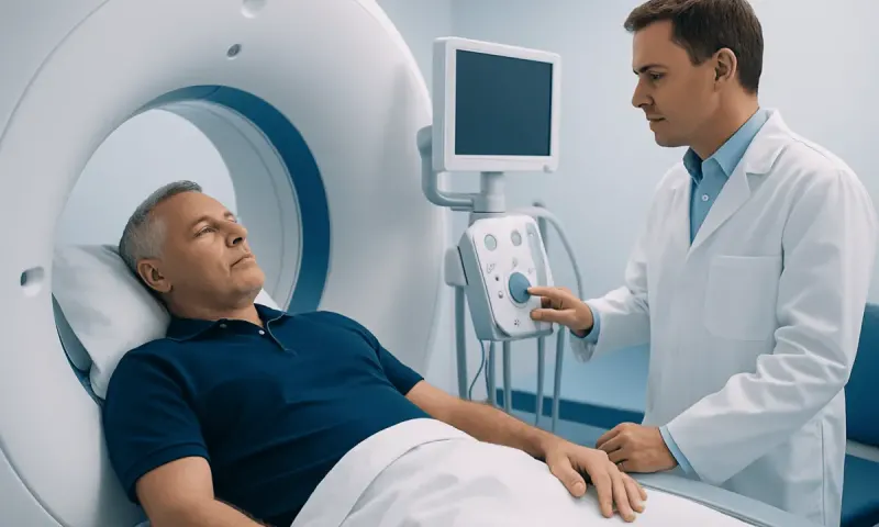 Doctor preparing patient for a CT scan at Acibadem Hospital.