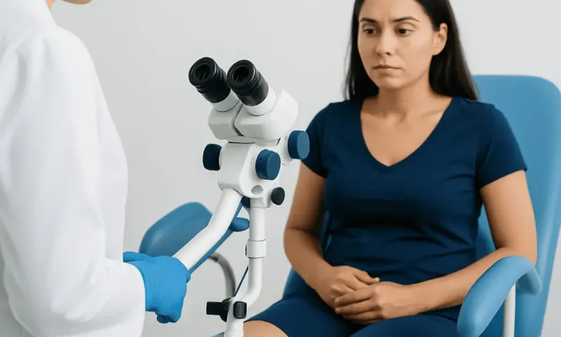 Woman undergoing a medical examination with a microscope at a clinic.