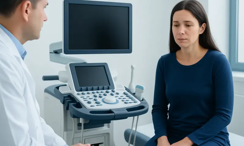 Doctor performing an ultrasound exam on a woman patient in a medical clinic.