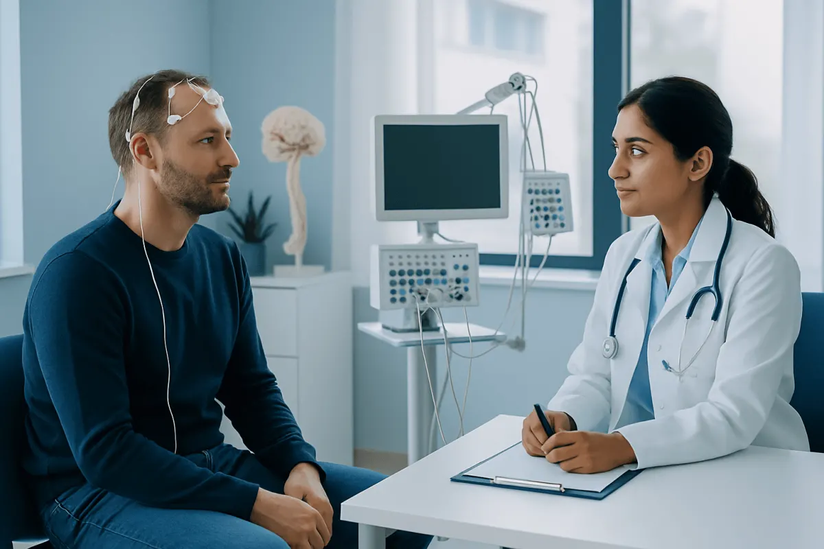 Neurophysiologist consulting with patient in a medical office.