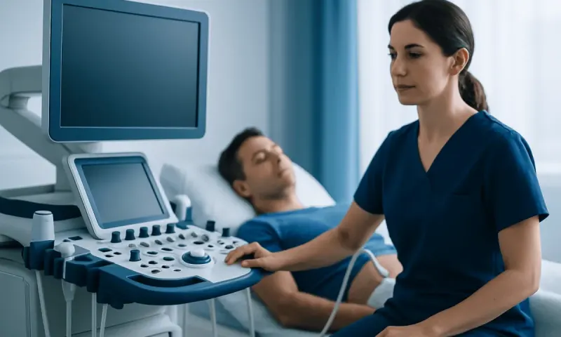 Medical professional performing an ultrasound on a patient in a hospital room.
