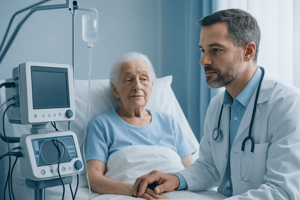 Doctor consulting elderly patient in hospital room with medical equipment.