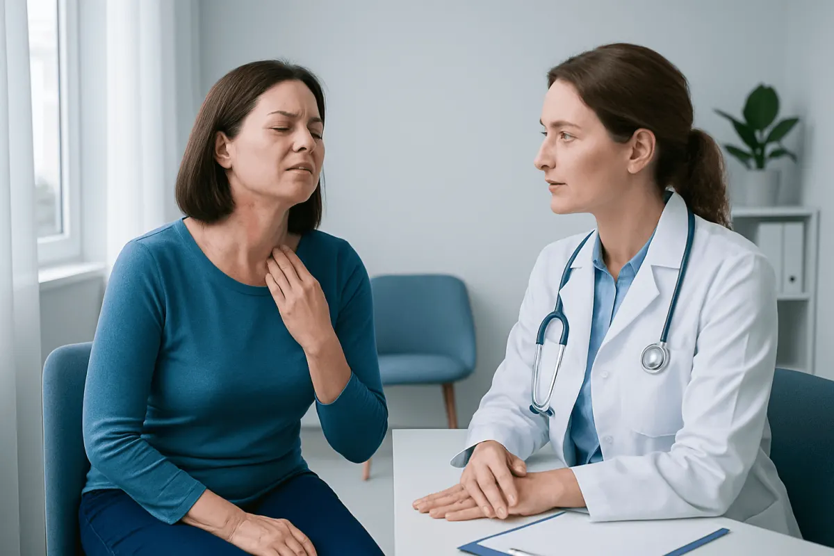 Doctor examining woman with skin rash in consultation room.