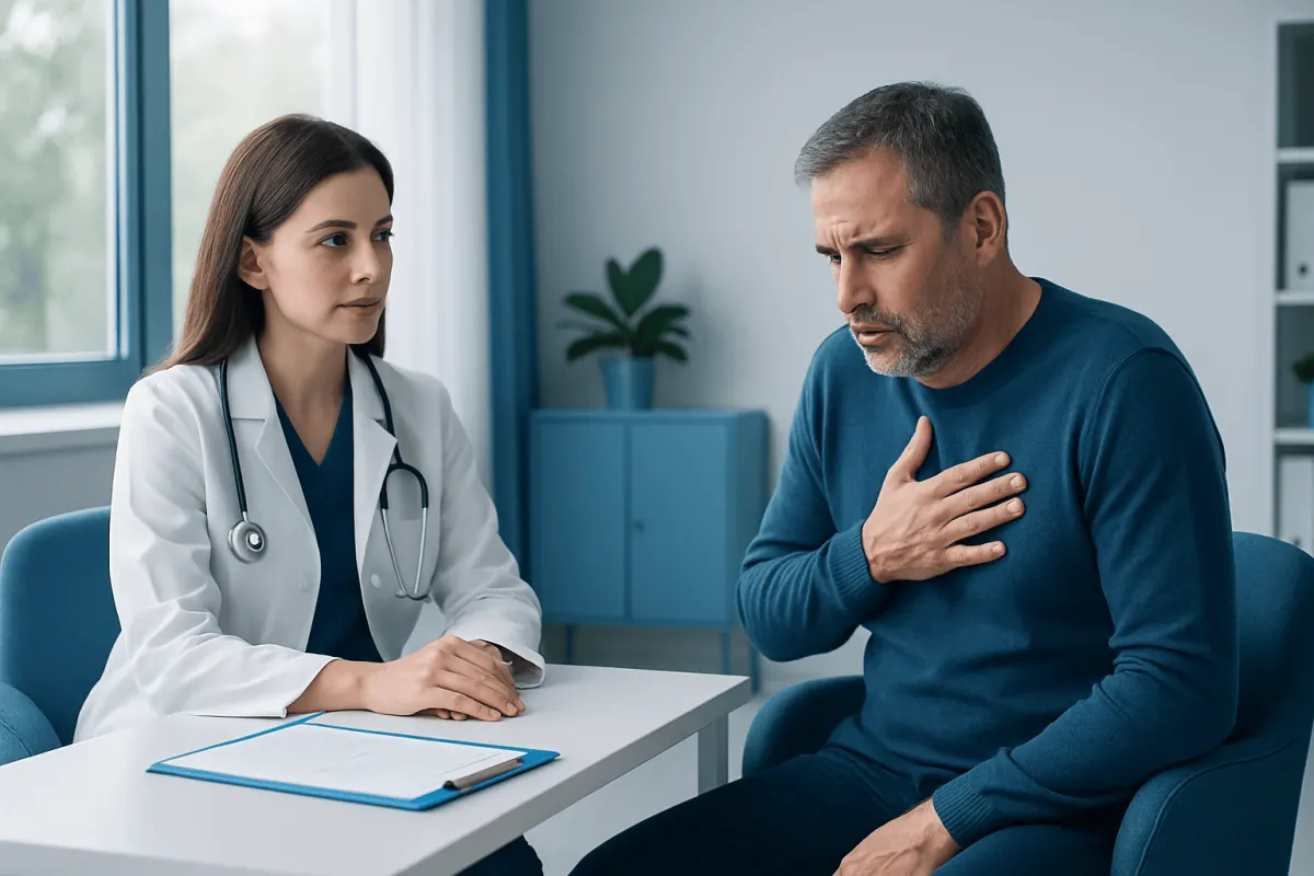 Doctor consulting with a patient experiencing chest discomfort in a medical office.
