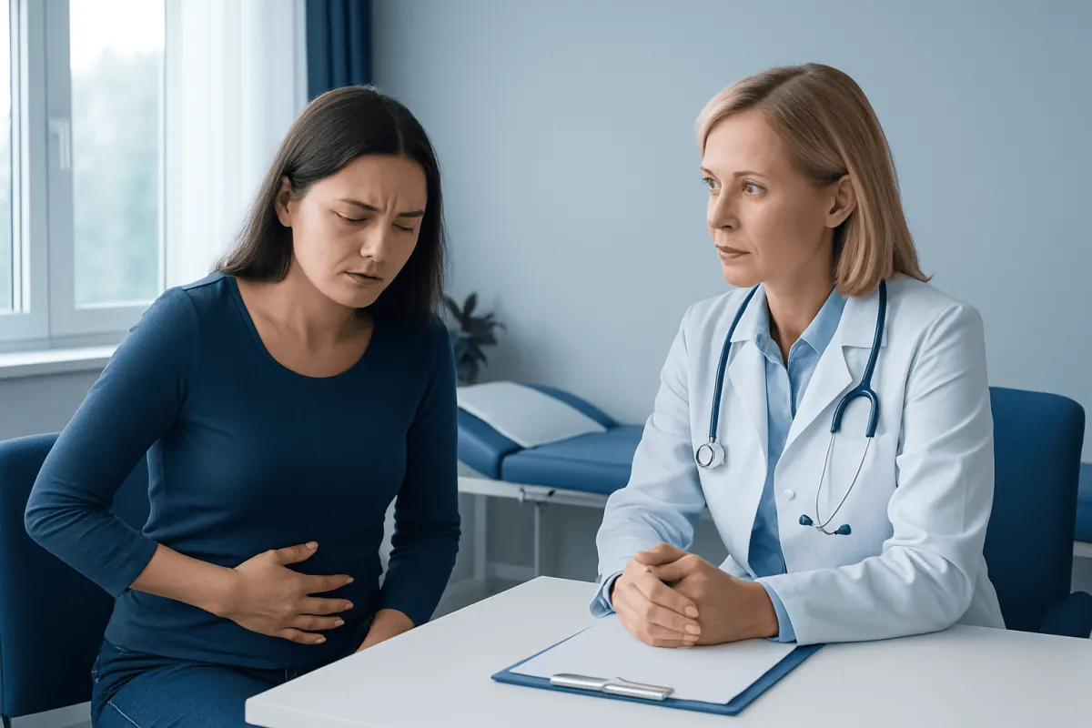 Patient experiencing abdominal pain during medical consultation at Acibadem Hospital.