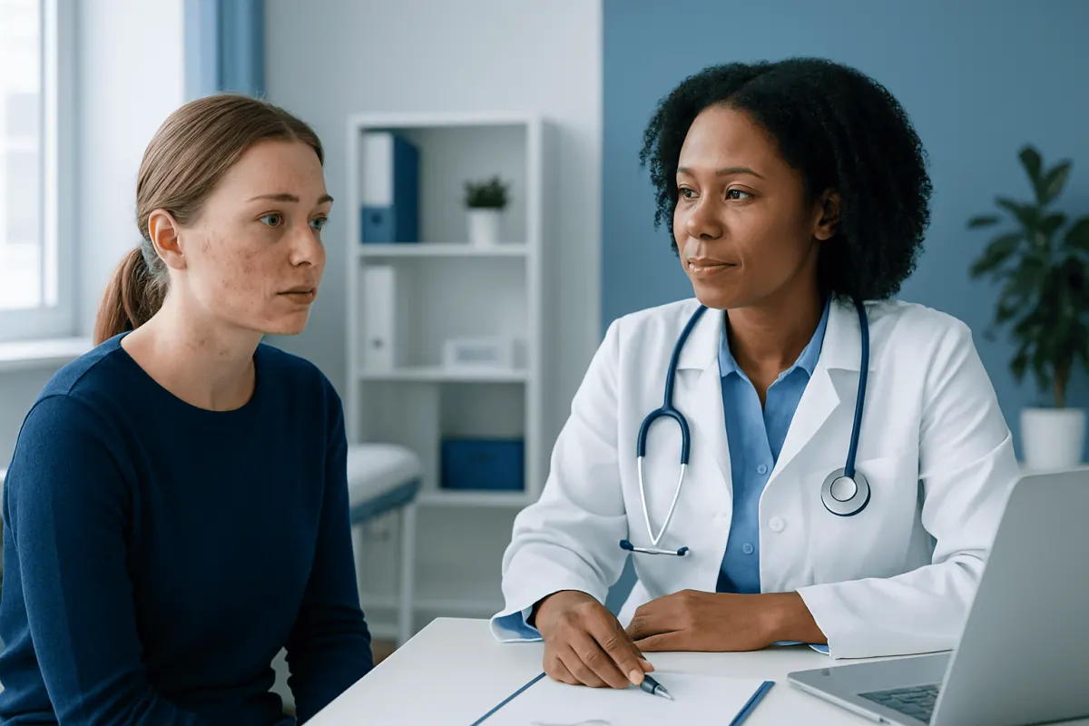 Doctor consulting with a young woman about face rash symptoms.