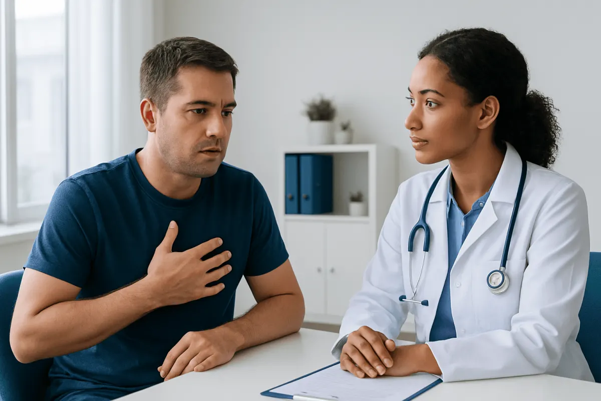 Male patient consulting with female doctor about chest pain symptoms.