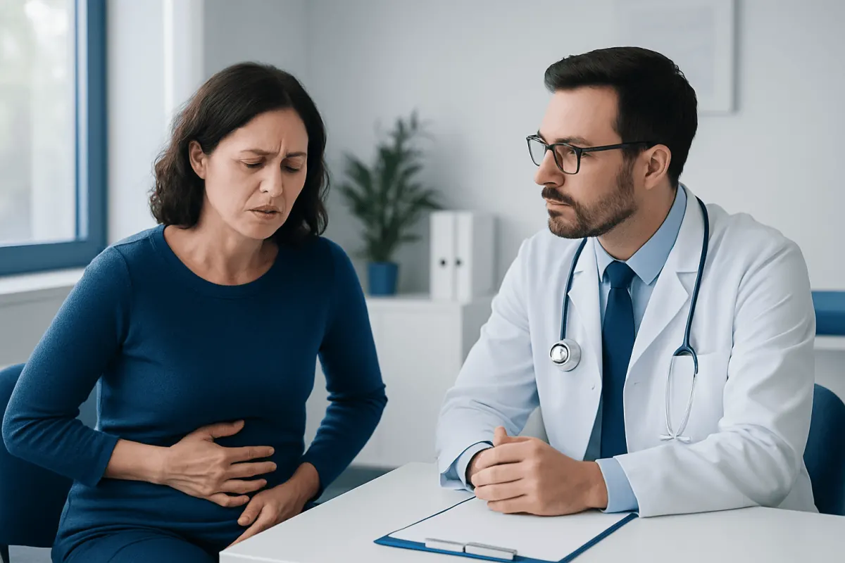 Doctor consulting with woman experiencing stomach pain and nausea.