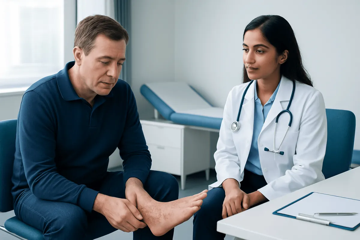 Doctor examining patient's leg for vasculitis symptoms at hospital.