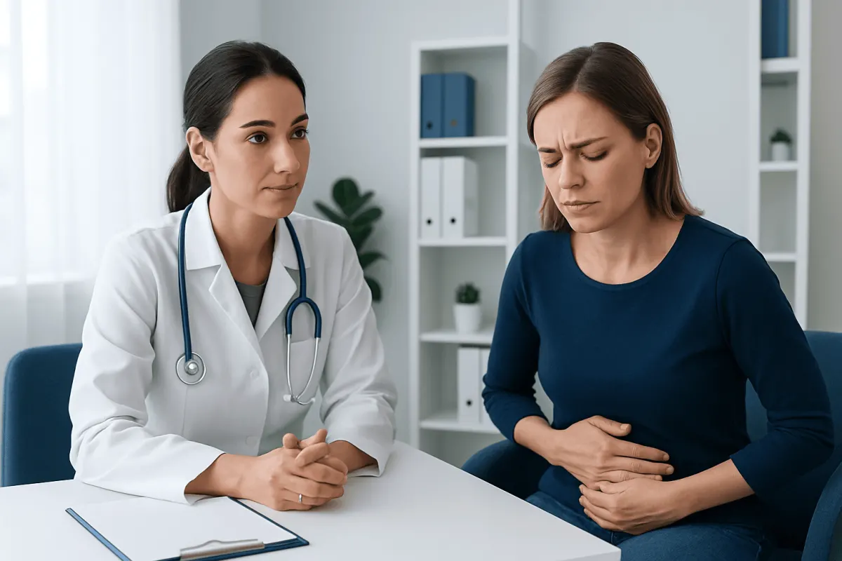 Doctor consulting a patient with stomach pain at Acibadem Hospitals Group.