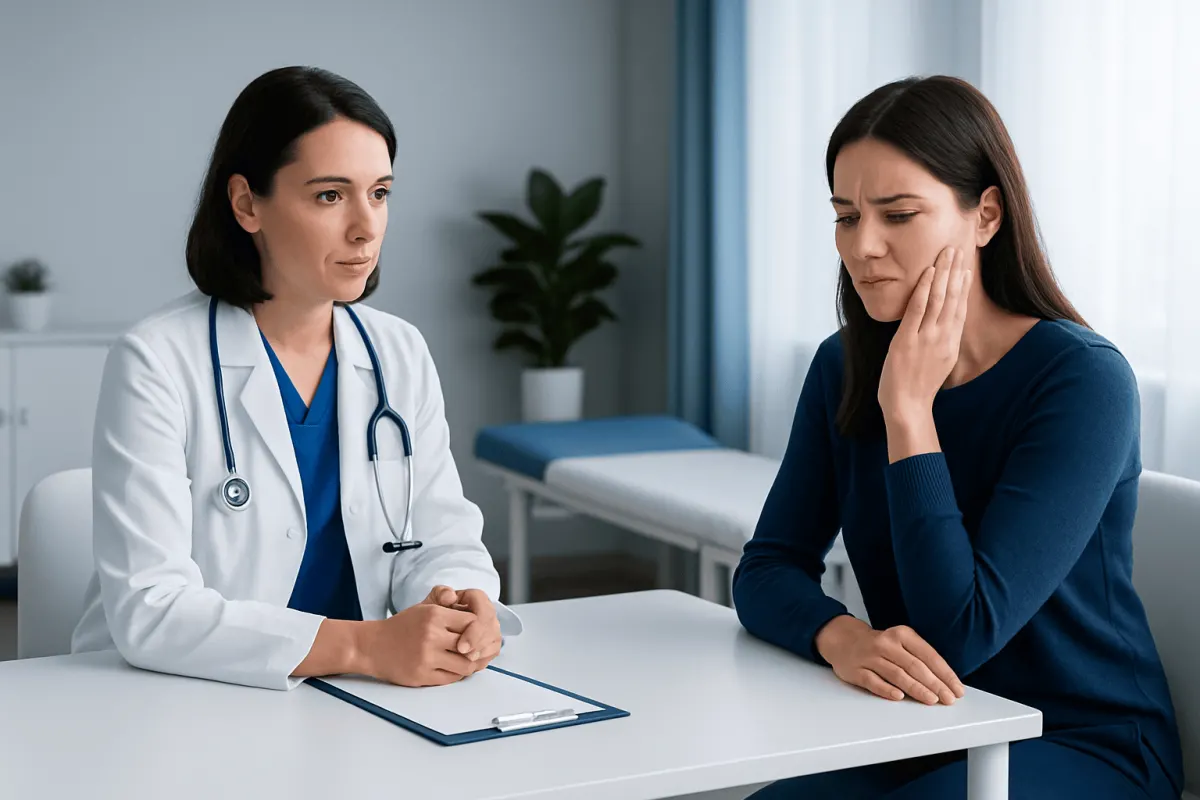 Doctor consulting with a patient about dental pain or symptoms.