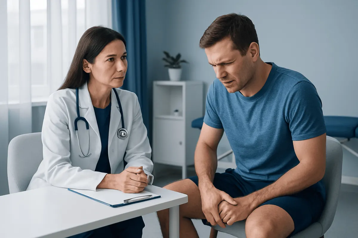 Doctor consulting with patient about thigh pain and muscle issues.