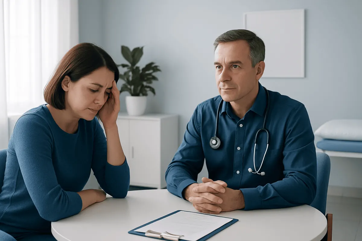 Doctor consulting with a woman patient about headache symptoms in a clinic.