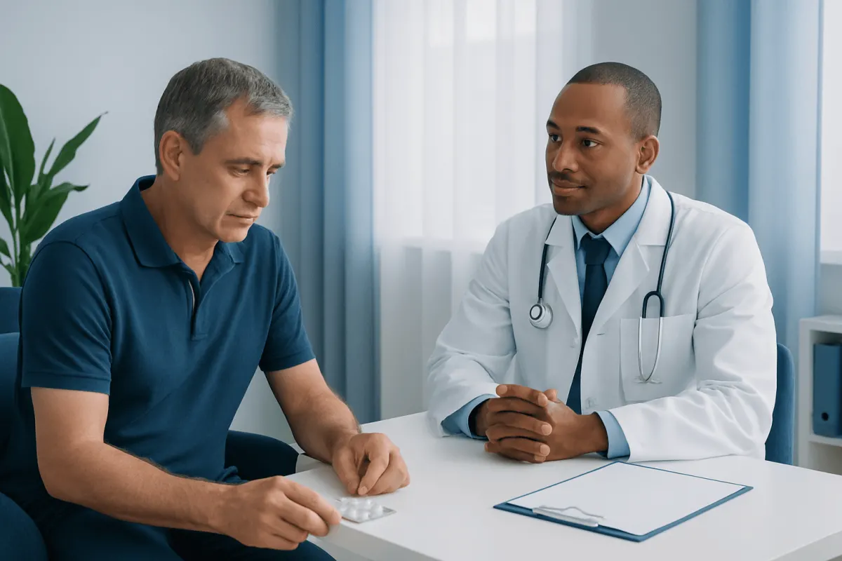 Doctor consulting with middle-aged male patient in a medical office.