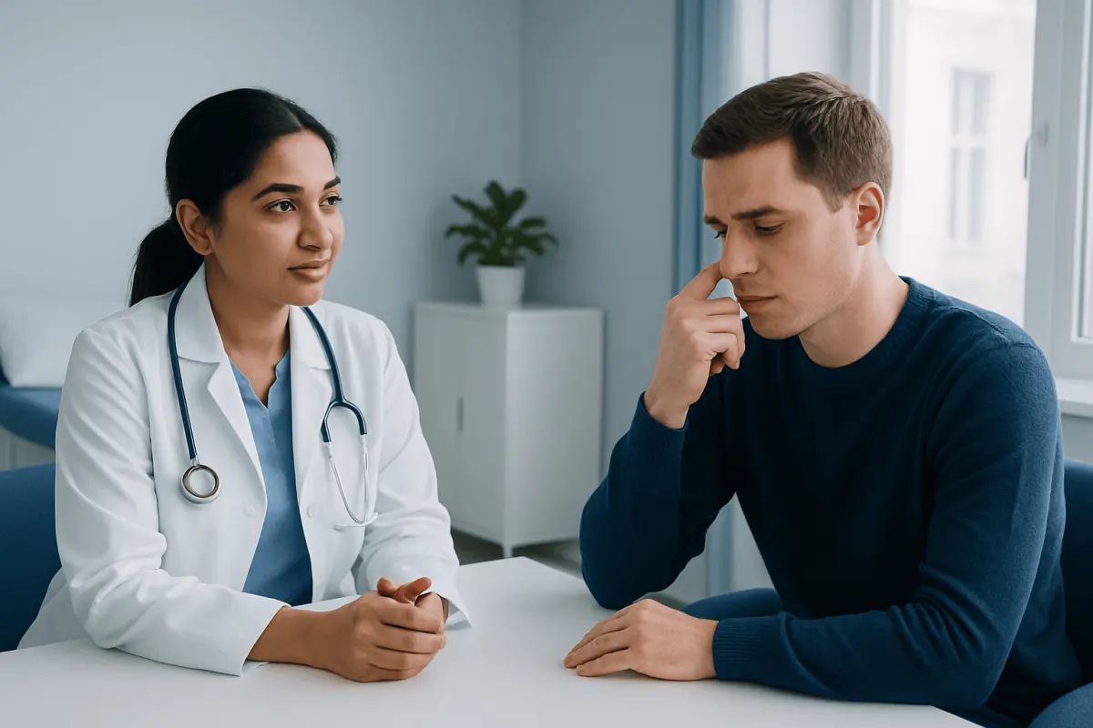 Doctor consulting with a patient about health concerns in a medical office.