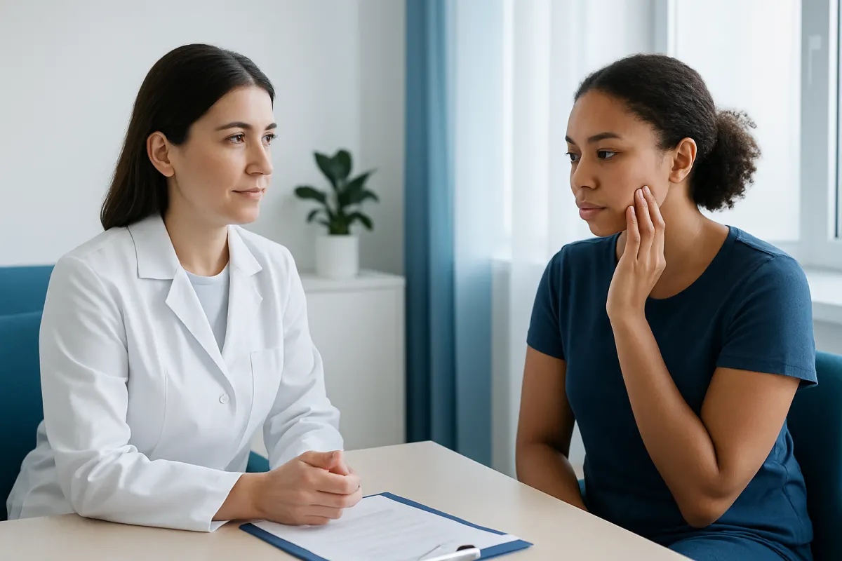 Doctor consulting with a patient about skin concerns in a medical office.