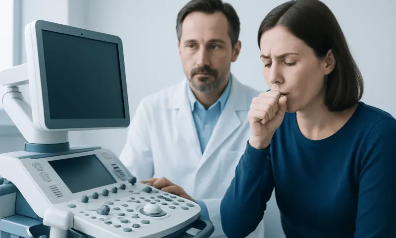 Woman experiencing cough during medical examination at Acibadem Hospital.