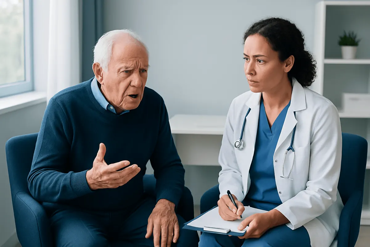Elderly man discussing health concerns with a female doctor in a clinic.