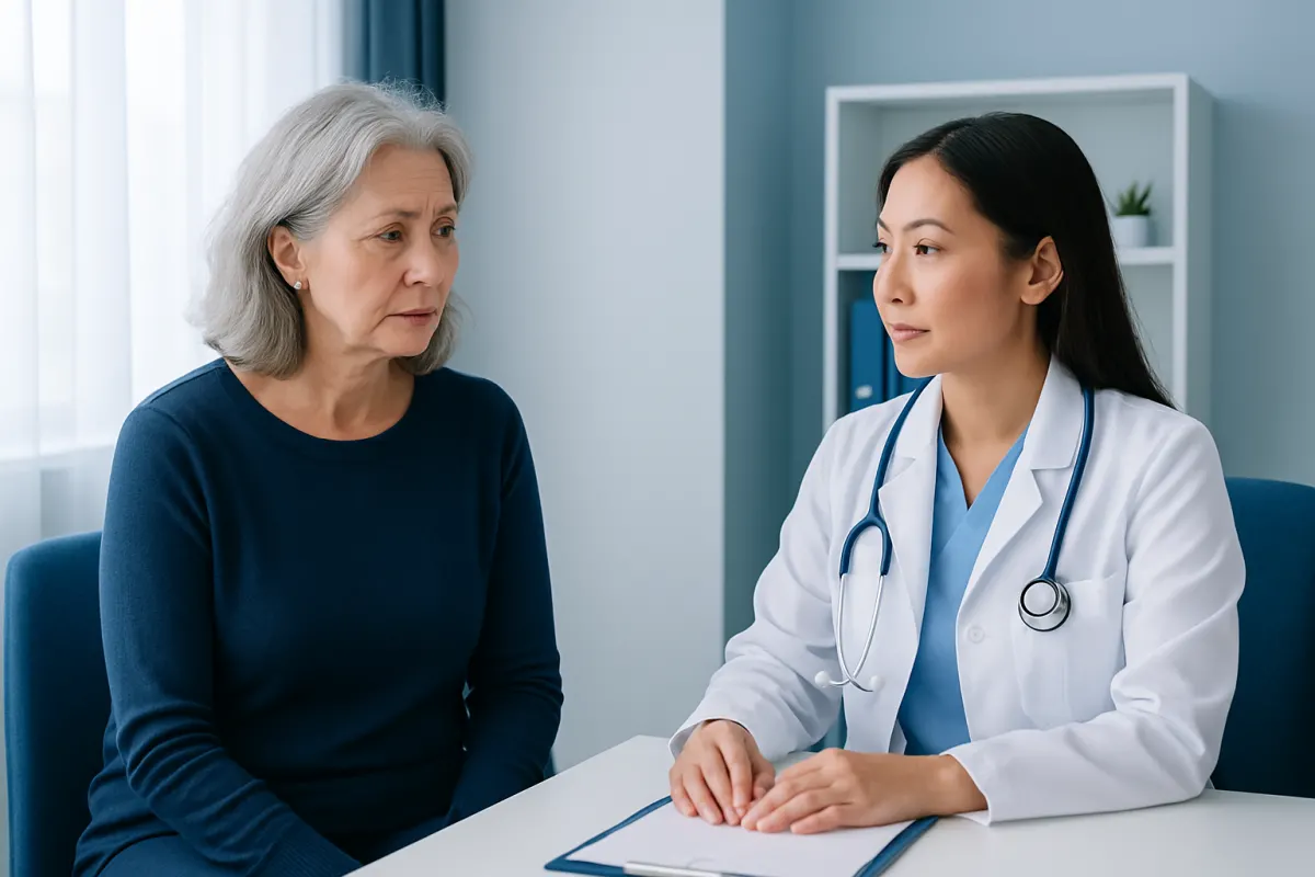 Doctor consulting with an older woman about menopause symptoms in a clinic.
