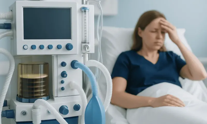 Patient with headache in hospital bed near medical ventilator.