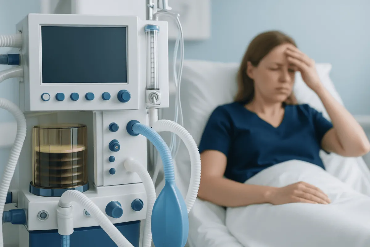 Patient with headache in hospital bed near medical ventilator.