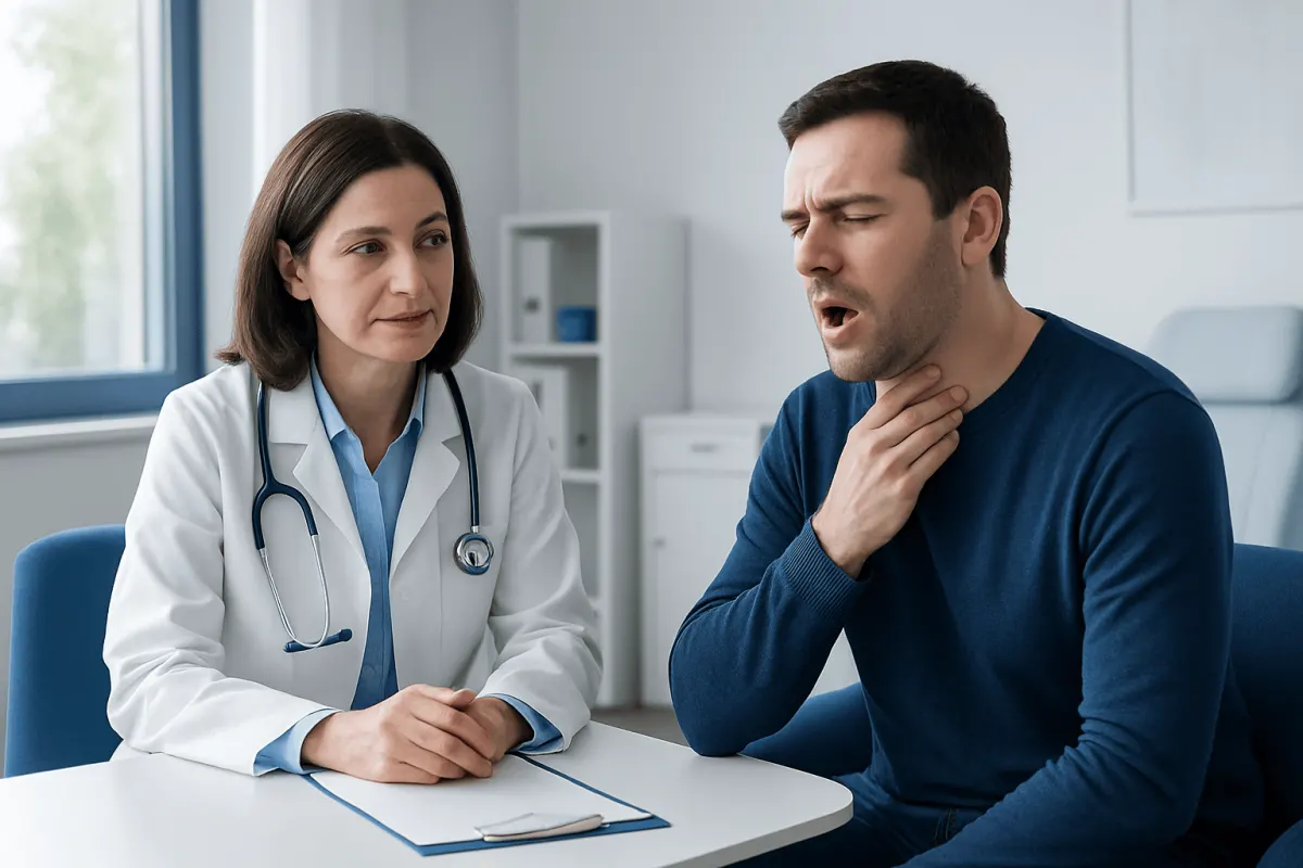 Doctor examining a patient with sore throat in a clinic setting.