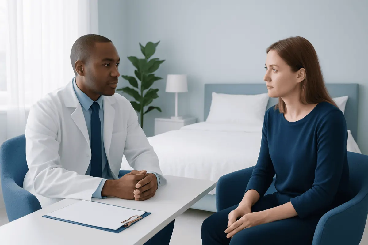 Doctor consulting with a female patient in a modern clinic room.
