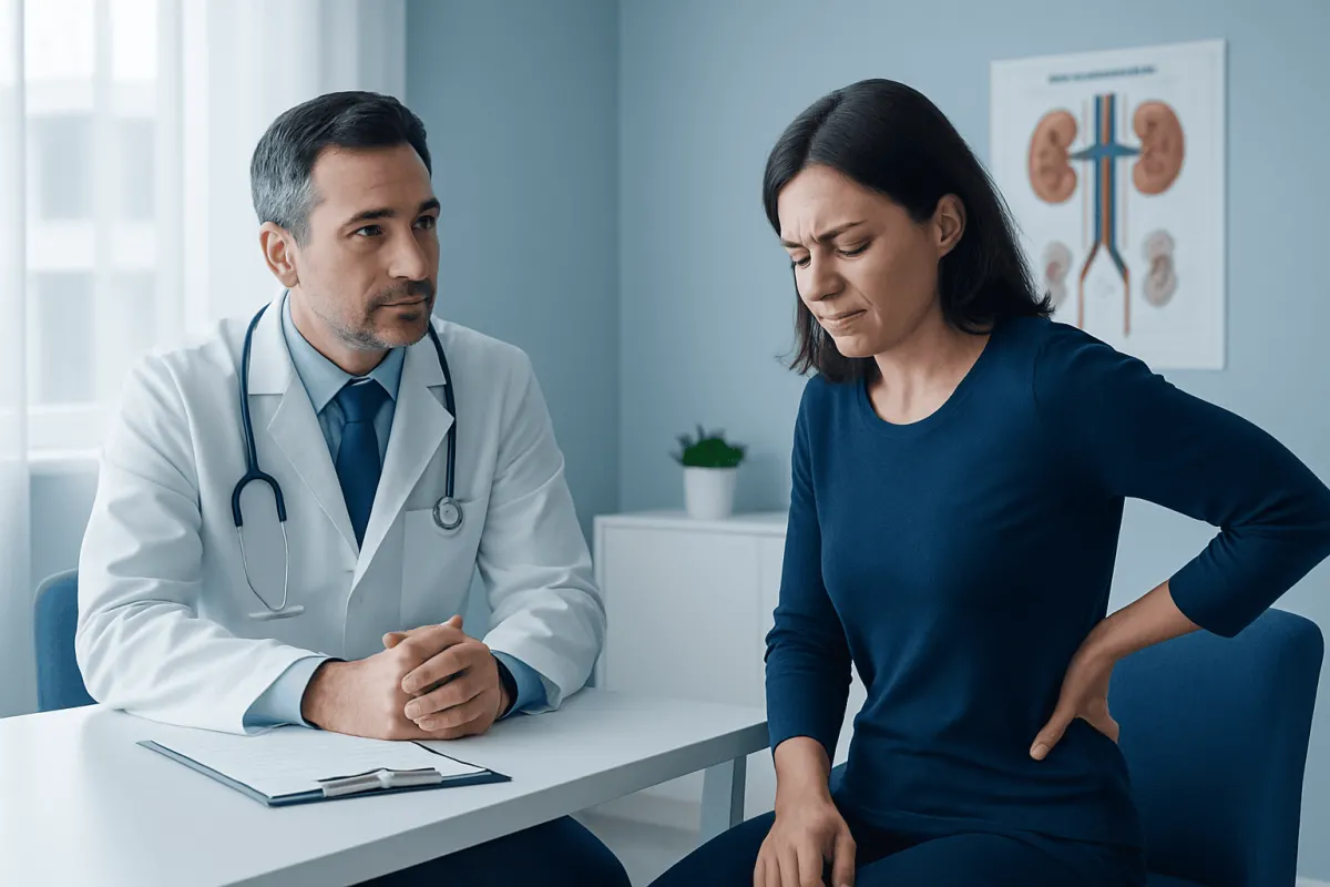 Doctor consulting a woman with kidney pain in a medical office.