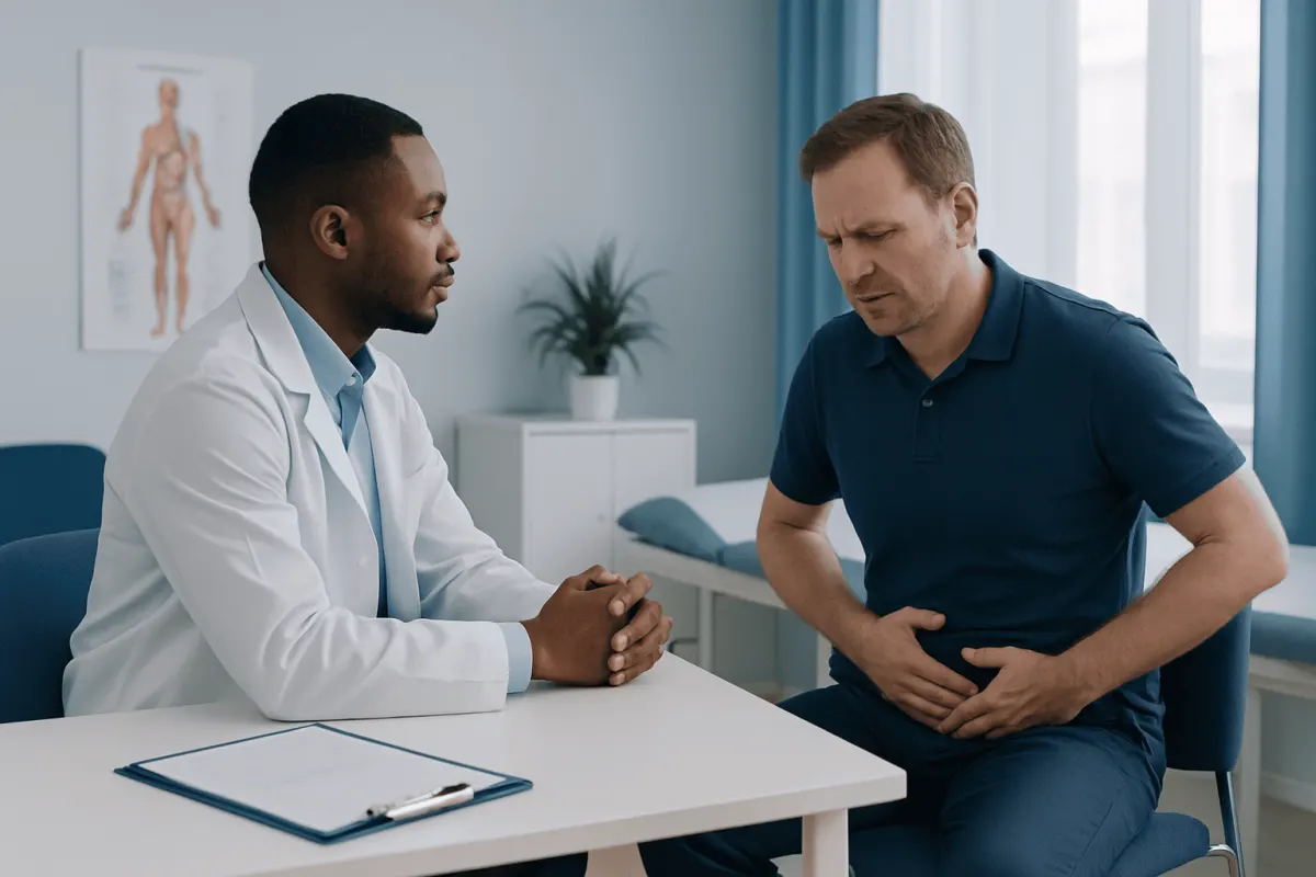 Doctor consulting with patient about inguinal hernia symptoms and triggers.