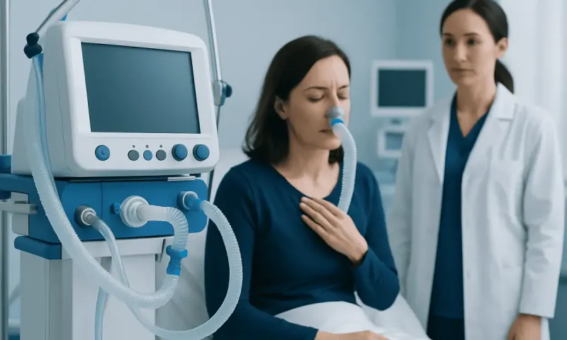 Patient with respiratory issues connected to medical ventilator in hospital.
