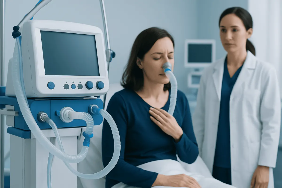 Patient with respiratory issues connected to medical ventilator in hospital.