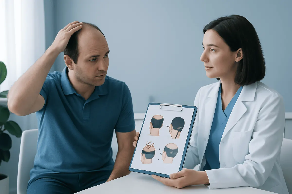 Doctor explains hair transplant options to a patient with hair loss.