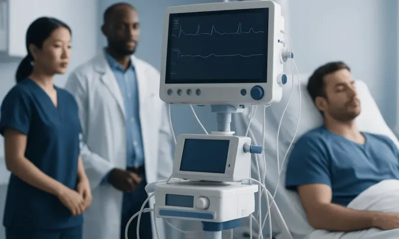 Patient in hospital bed with medical monitor and healthcare professionals nearby.
