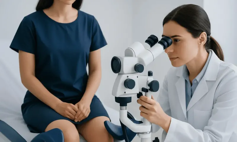 Gynecologist examining patient with microscope in clinic setting.