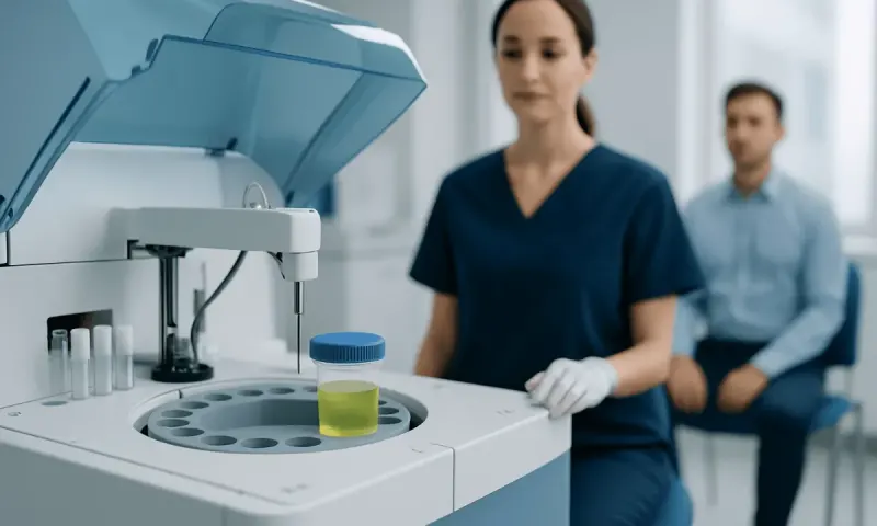 Laboratory technician preparing a urine sample for drug testing at Acibadem Hospitals.