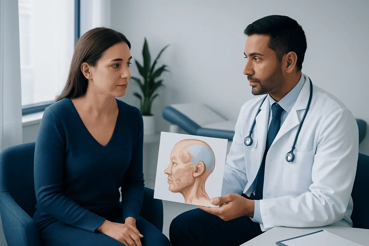 Doctor explaining facial anatomy to a patient with a skull diagram.