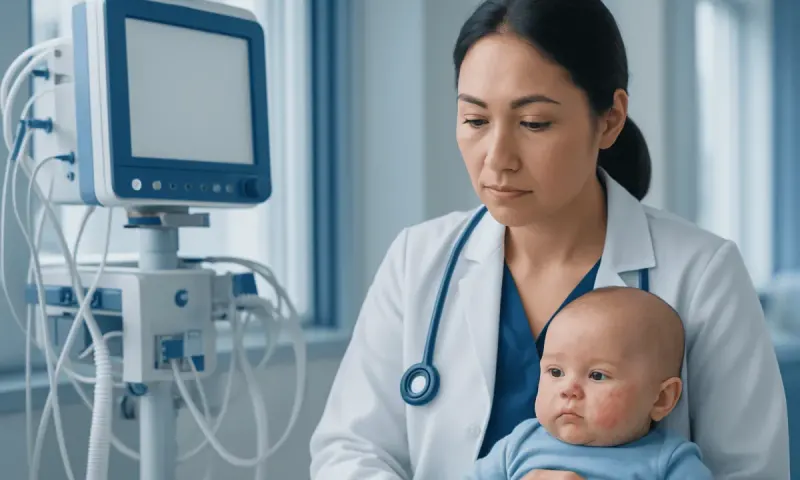 Pediatrician examining a baby in a hospital setting with medical equipment nearby.