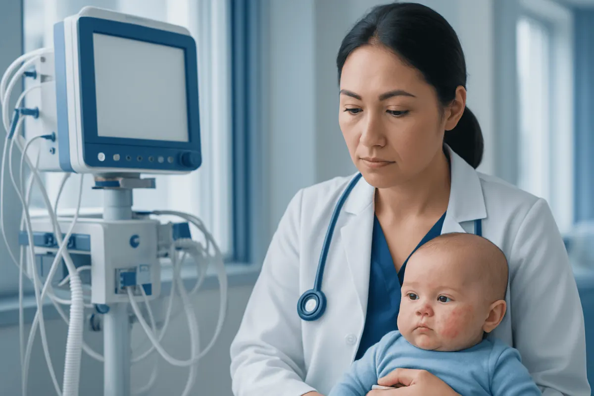 Pediatrician examining a baby in a hospital setting with medical equipment nearby.