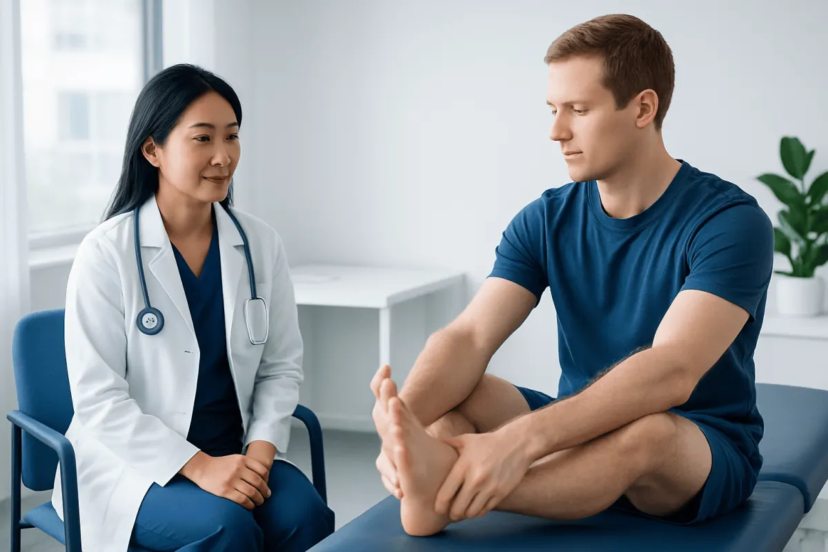 Doctor consulting with patient about foot health and exercises.