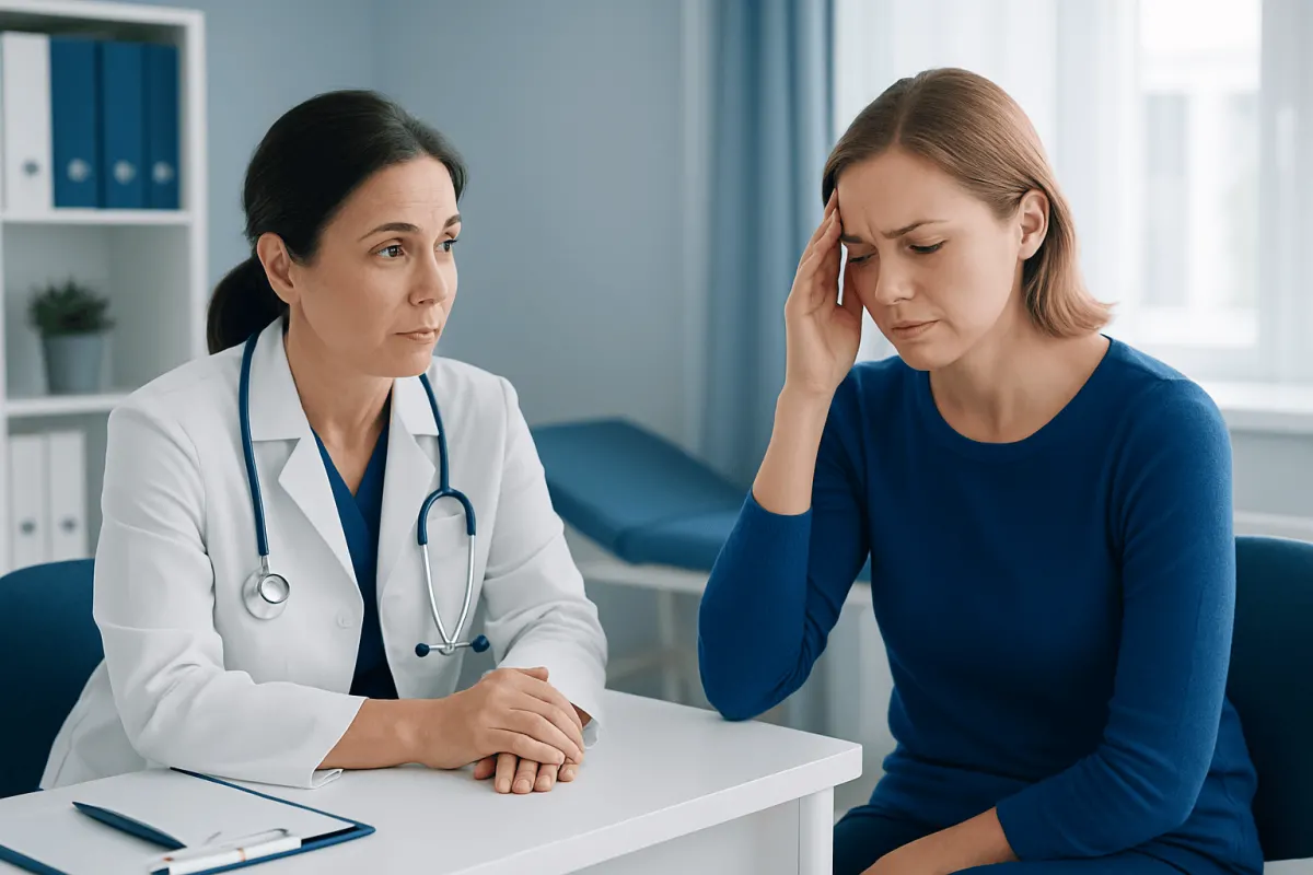 Doctor consulting with a woman experiencing headache symptoms in a clinic.