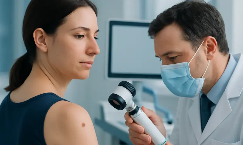 Dermatologist examining a mole on a woman's shoulder with a dermatoscope.