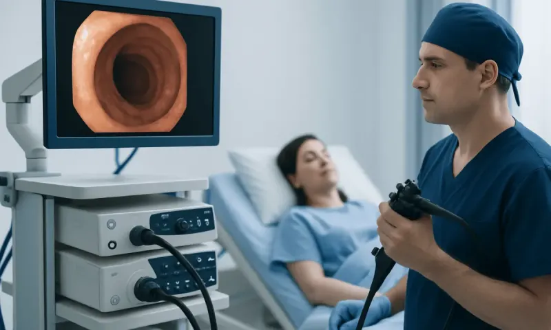 Doctor performing a colonoscopy on a patient in a hospital room.