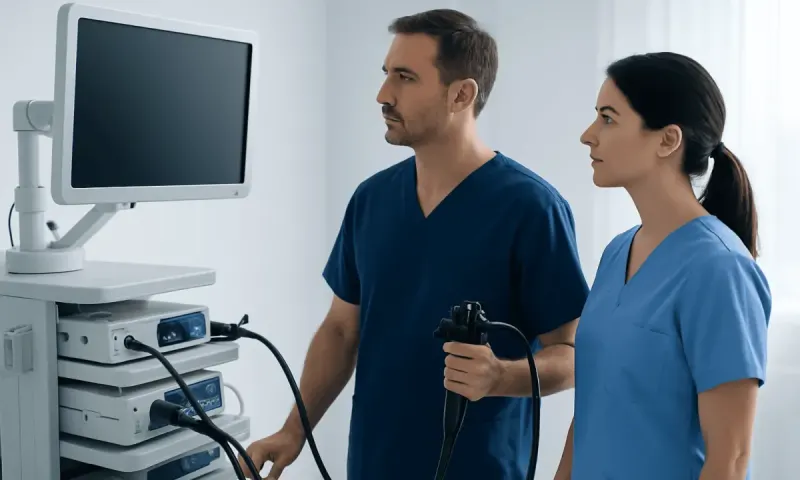 Medical professionals preparing for a colonoscopy procedure with endoscopy equipment.
